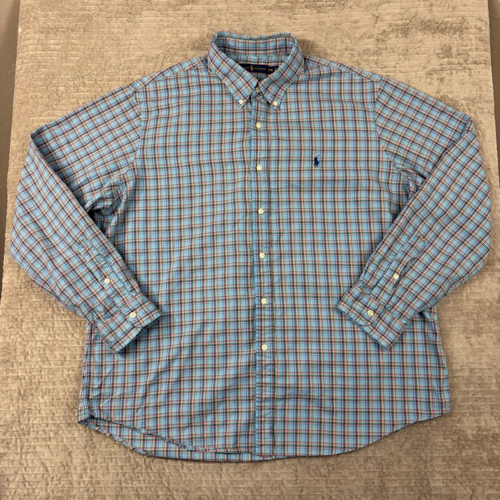 Ralph Lauren Mens XXL Plaid Button Down Shirt‎ Blue Green Red Cotton Long Sleeve